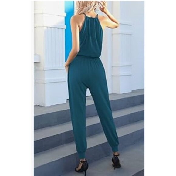 Womens Teal Sleeveless Jumpsuit Size Large With Waist Tie Casual Summer Chic - Picture 2 of 14